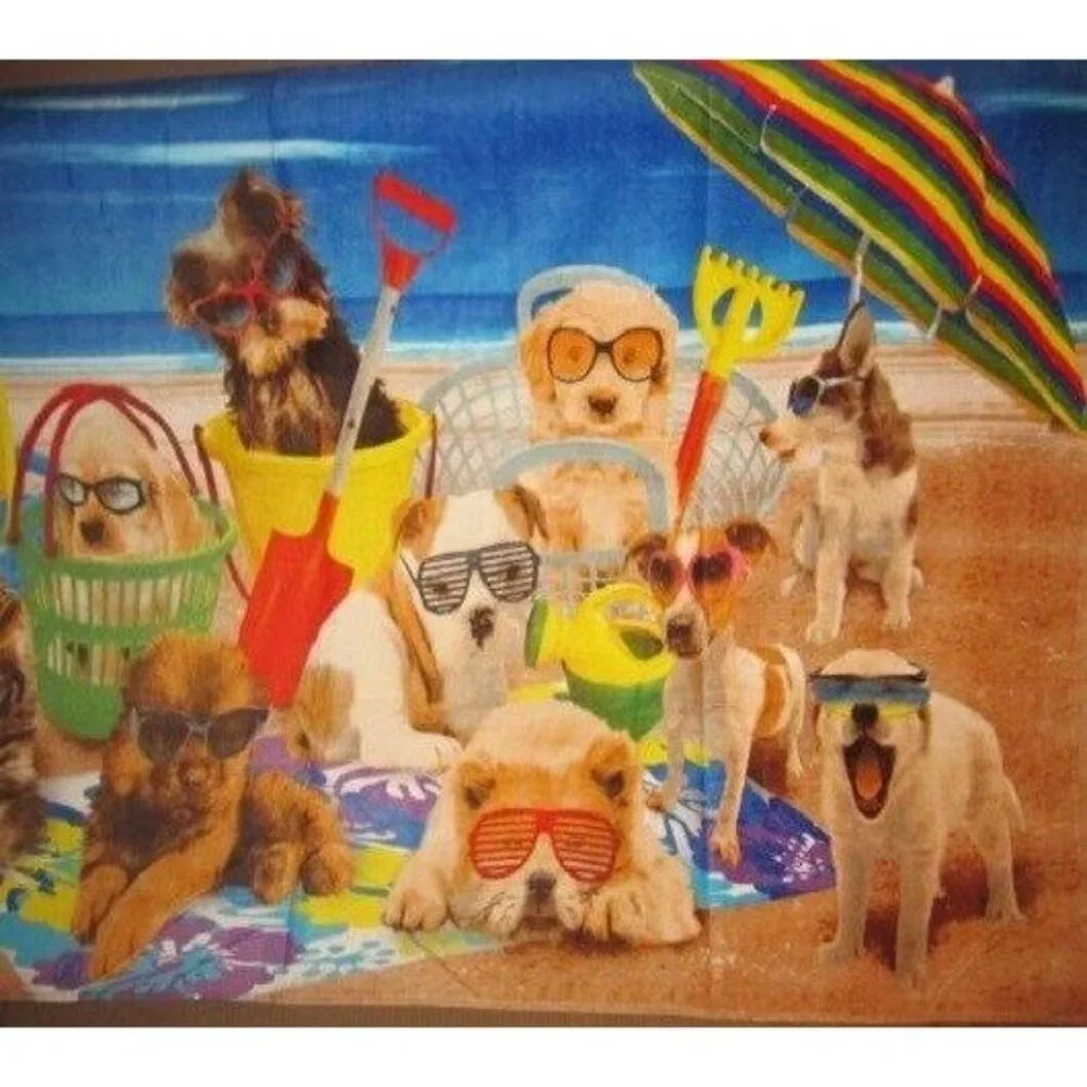 New Dogs On Beach in Shades Bath Pool Gift Towel Puppy Dog Puppies Ocean Waves